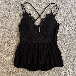 Black Lace Ruffled Tank Top